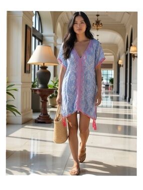 new Surf Gypsy ✿ V Neck Fringe Embroidery Kimono Kaftan Swim Cover Dress ✿ Large